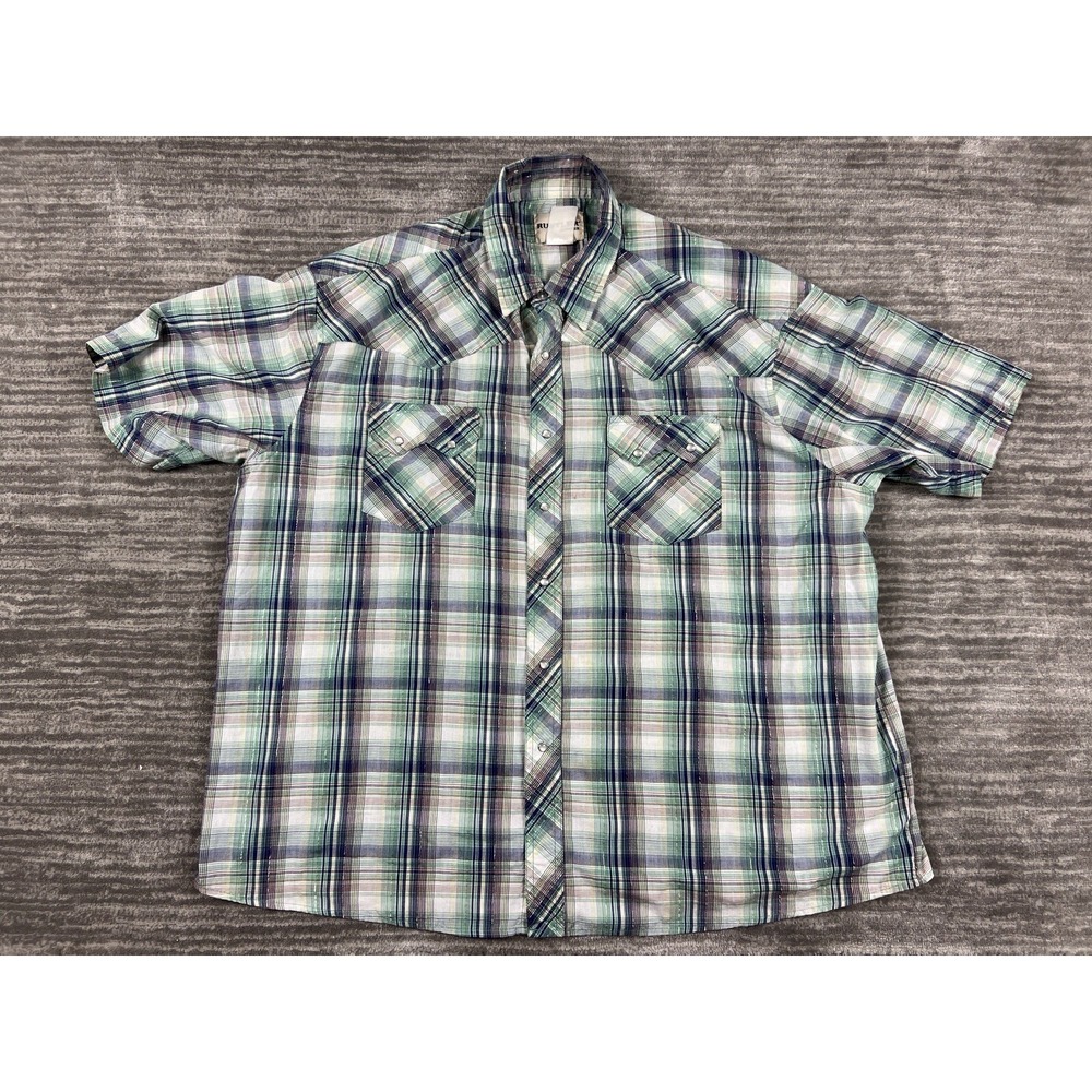 Rustler‎ by Wrangler Western Shirt Mens XL Green Plaid Pearl Snap Short Sleeve